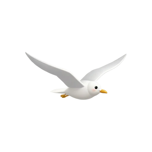 One white seagull flying with wings spread and yellow beak, no sky, water, shadow, or scenery.
