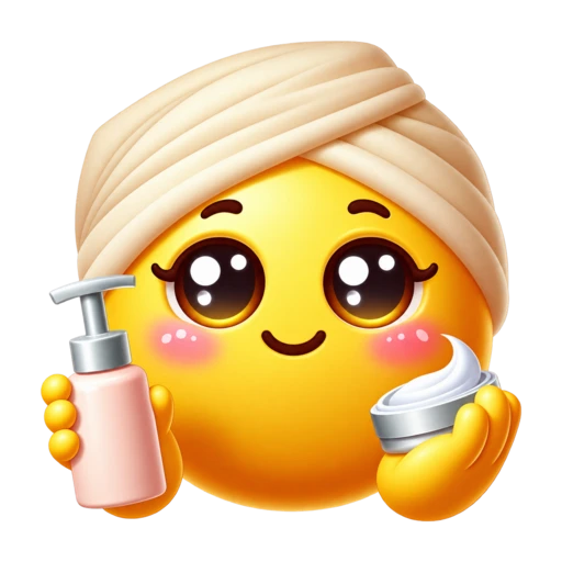 Smiling yellow face wearing a towel and holding lotion and cream