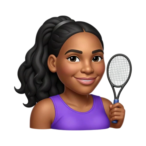 Serena Williams holding one small tennis racket upright beside her shoulder, wearing a purple sports top