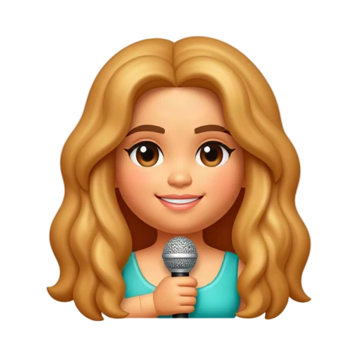 Shakira holding one small silver microphone at her chest, wearing a turquoise top