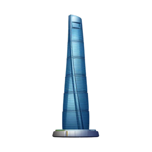 twisting glass skyscraper and rounded tapering crown, depicting Shanghai Tower.