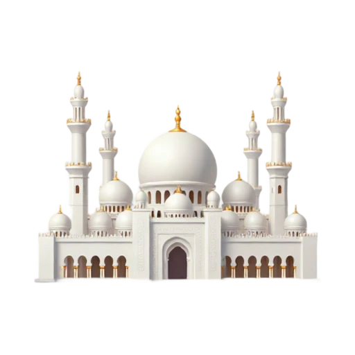 bright white domes and slender minarets, depicting Sheikh Zayed Grand Mosque.