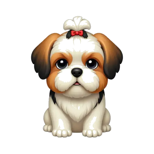Tricolor shih tzu sitting with a red bow