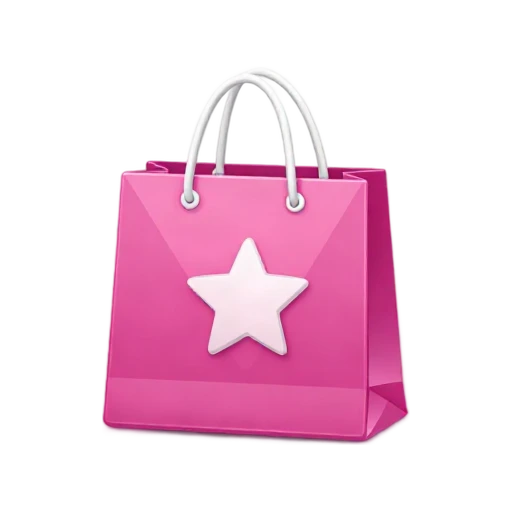 One glossy pink shopping bag with two short white handles, simple pale star decoration with no text or logo, front three-quarter view, no hand, shadow, or scenery.