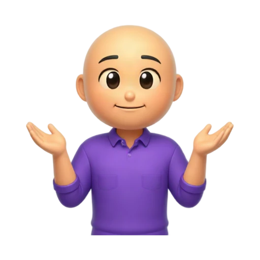 One adult person in a purple shirt shrugging with both palms held upward at shoulder height, raised eyebrows and uncertain smile, waist-up front view, correct arms and fingers, no text, room, shadow, or scenery.