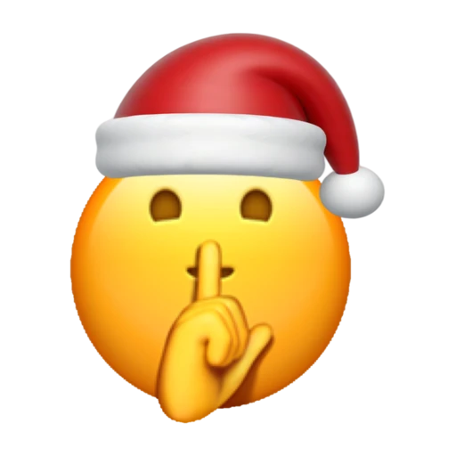 Shushing emoji face wearing a red Santa hat on a transparent background.