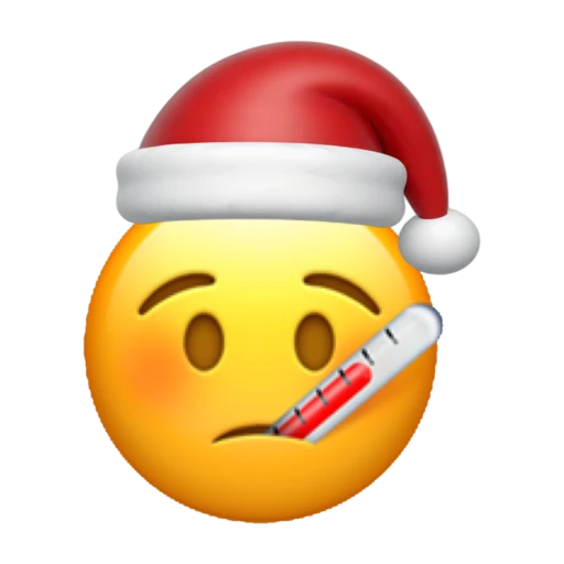 Sick emoji face wearing a red Santa hat on a transparent background.