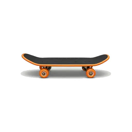 One orange skateboard in three-quarter view with black grip tape, four small wheels, and no rider or background.