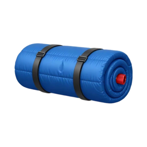 Sleeping Bag with thick blue quilted cylindrical roll and two black compression straps