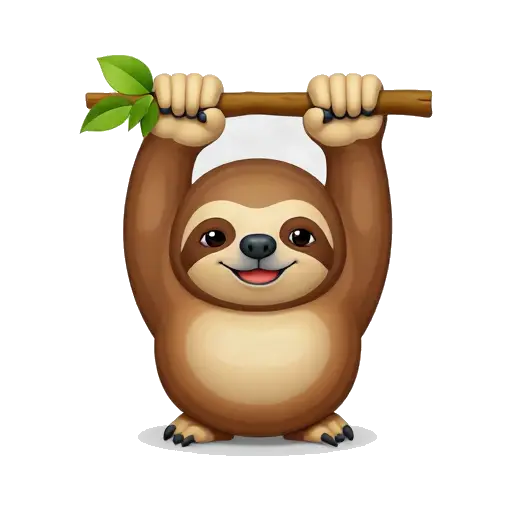 One smiling brown sloth gently hanging from a short leafy branch with long curved claws, round face, and dark eye patches, no background.