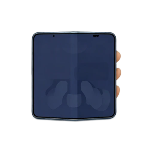 One modern foldable smartphone partly open, dark blue blank screens, no text, hand, shadow, or scenery.