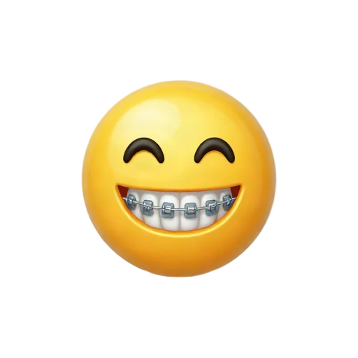Yellow smiling face showing metal brackets across its teeth