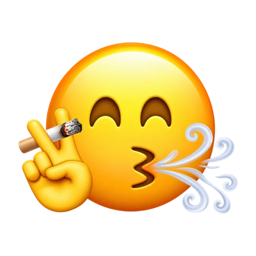 Yellow face holding a lit cigarette and blowing out smoke