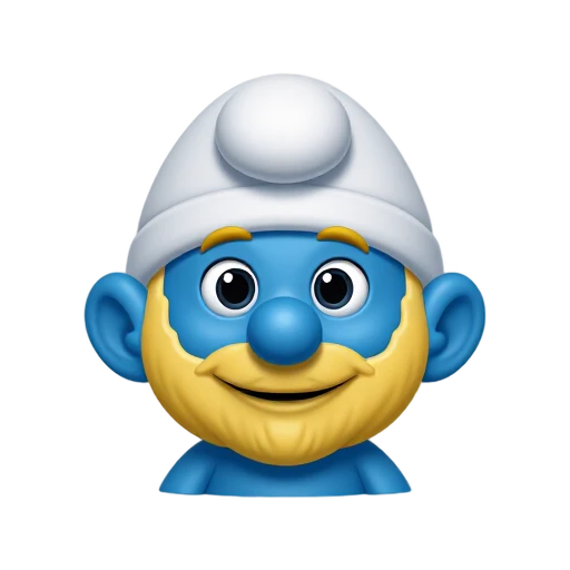 Smurf head with bright blue skin and soft white drooping cap