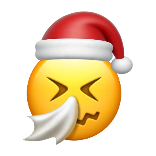 Sneezing emoji face wearing a red Santa hat on a transparent background.