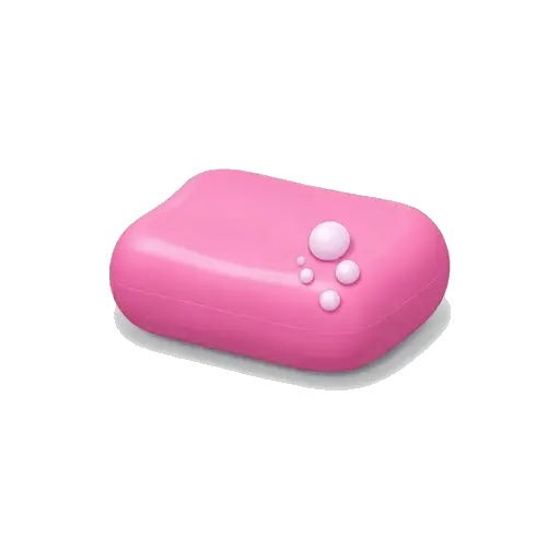 One glossy pink bar of soap with rounded corners and a few small white bubbles beside it, no dish or background.