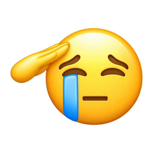 Full crying yellow face with worried eyebrows, one blue tear and a saluting hand