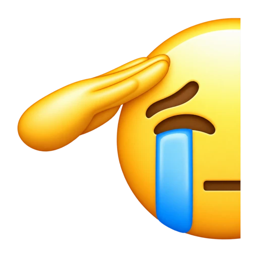 Left half of a crying yellow face with a blue tear and a saluting hand