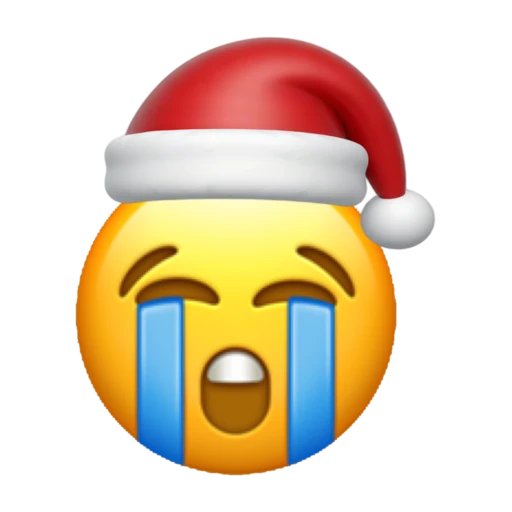 Sobbing emoji face wearing a red Santa hat on a transparent background.