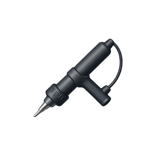 Soldering iron with fine pointed metal tip and coiled power cord