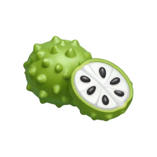 Green spiky soursop cut open to show white seeded flesh