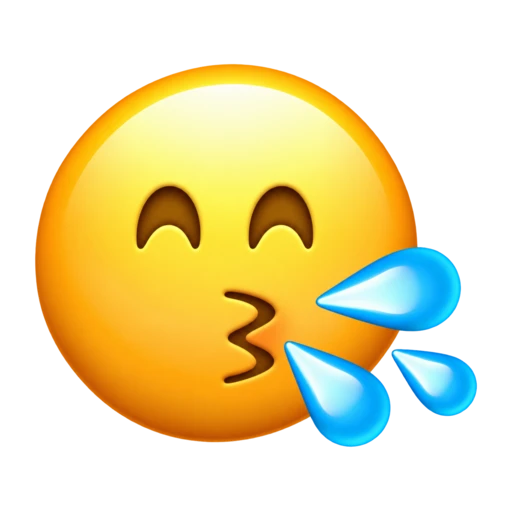Yellow face with closed eyes and a puckered mouth spraying three blue spit droplets to the right