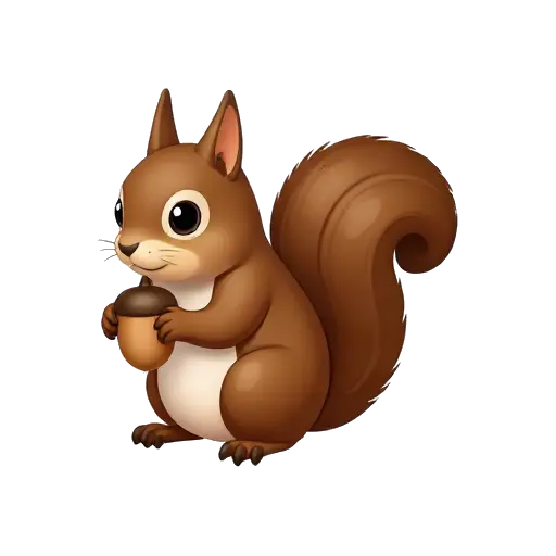One fluffy brown squirrel sitting upright and holding one acorn in its front paws, with a large curled tail, no background.