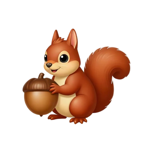 One red squirrel sitting with a large brown acorn held in both front paws, bushy tail, no ground, shadow, or scenery.