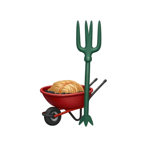 Mucking fork beside a wheelbarrow of stable bedding emoji