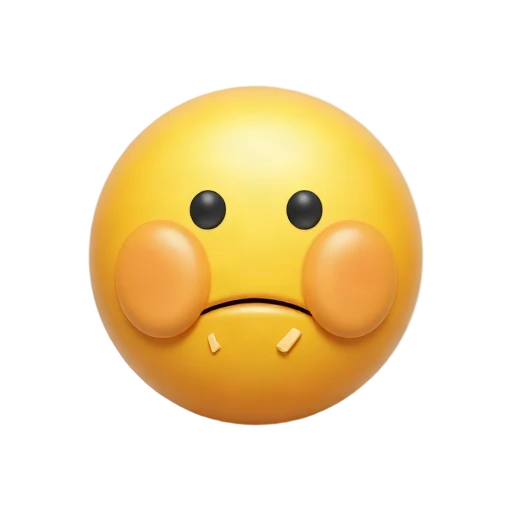 Yellow stuffed face with puffed cheeks and crumbs at the mouth