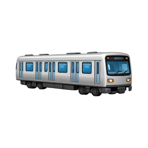 One modern silver subway train facing front three-quarter view, blue windows, no track, shadow, or scenery.
