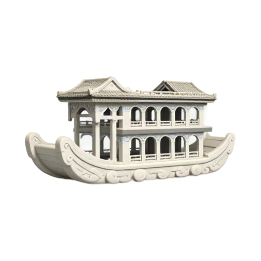 white stone boat and ornate two-level cabin, depicting Summer Palace Marble Boat.