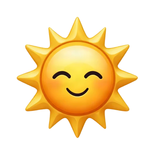 One bright golden sun with a friendly closed-mouth smile, round orange center, exactly twelve short triangular rays, no clouds, sky, shadow, or scenery.