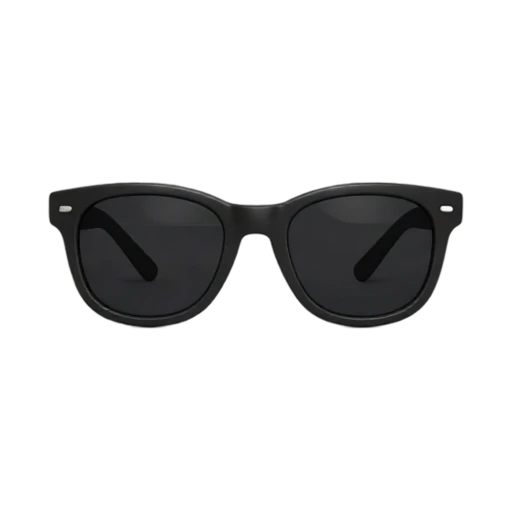 One pair of black sunglasses in front three-quarter view, dark rounded lenses, clean black frame, short arms folded behind, no face, hand, shadow, or scenery.
