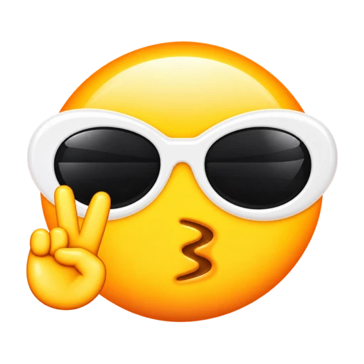 Kissy yellow face wearing white sunglasses and giving a peace sign