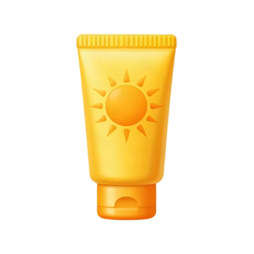 Sunscreen tube with flip cap, broad body, and sun motif