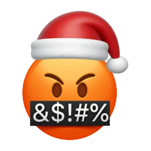 Swearing emoji face wearing a red Santa hat on a transparent background.