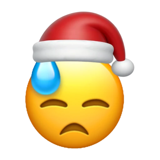 Sweating emoji face wearing a red Santa hat on a transparent background.