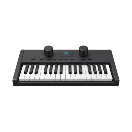 Synthesizer with row of black-and-white piano keys and dark rectangular electronic body