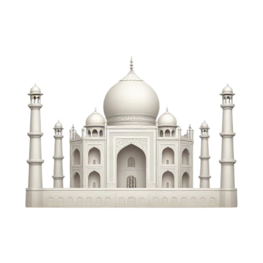 White Taj Mahal mausoleum with dome and four minarets