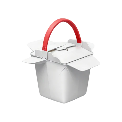 White takeout container with red handle