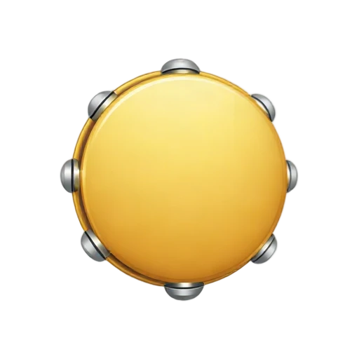 One round gold tambourine angled slightly, eight silver jingles clearly visible, no hand, shadow, or scenery.