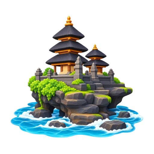 small stone temple on offshore rock and waves around its base, depicting Tanah Lot Temple.