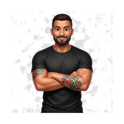 Bearded man with colorful tattooed forearms crossing his arms