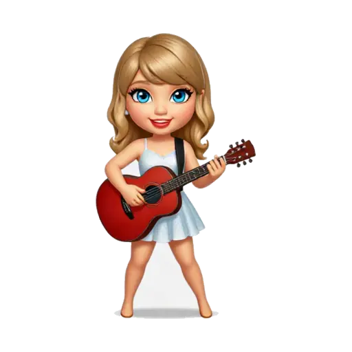 Taylor Swift in a sparkling blue dress playing a red acoustic guitar