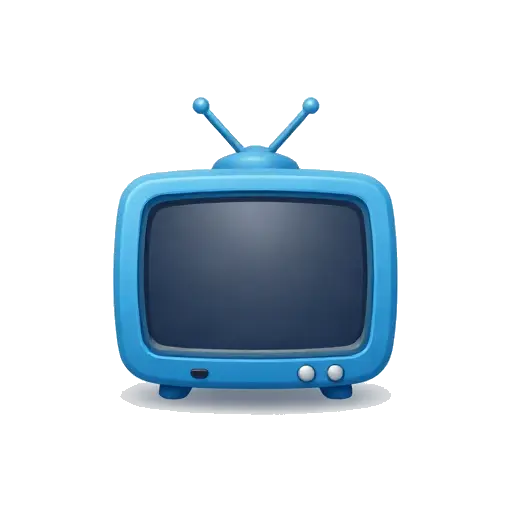 One retro blue television with rounded corners, small antenna, dark screen, and two knobs, front view, no background.
