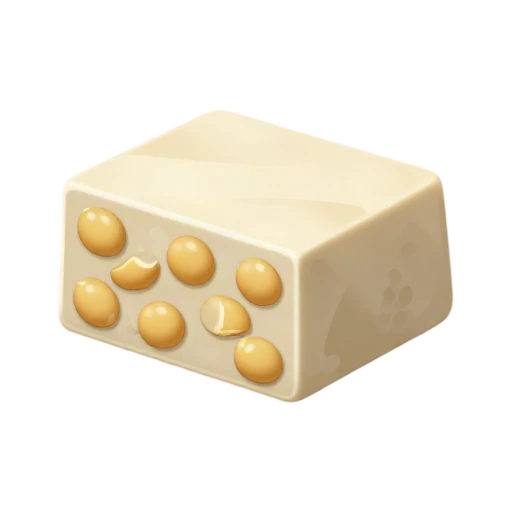 Tempeh block with whole soybeans visible in its cut face
