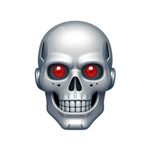 Terminator head with polished silver endoskeleton skull and two glowing red mechanical eyes