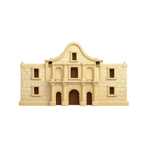 curved mission parapet and limestone facade, depicting The Alamo.