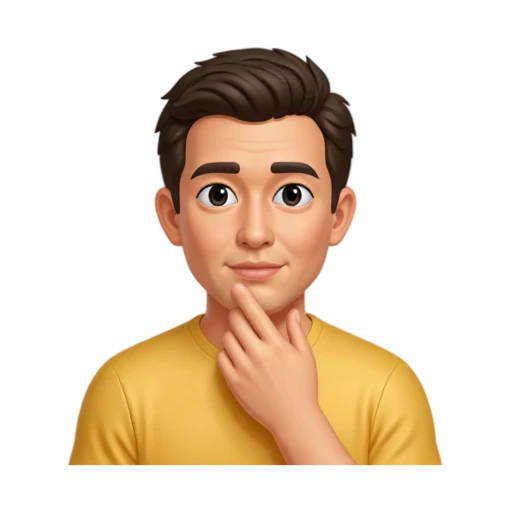 Brown-haired person thinking with hand under chin